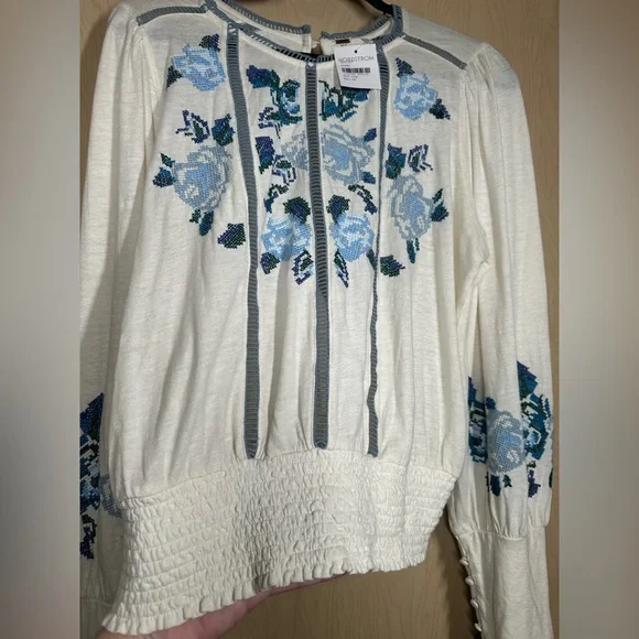 Free People White Top with Blue Embroidery - Picture 3 of 11